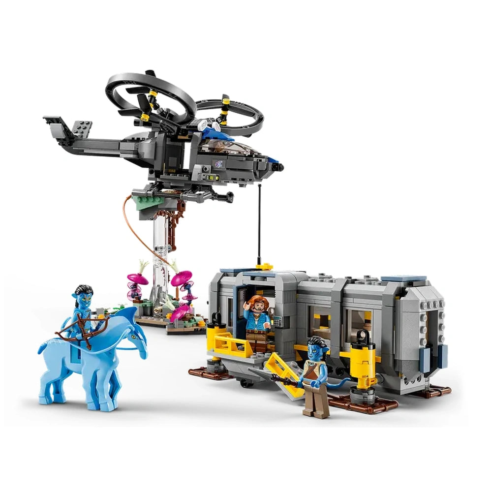 LEGO Avatar Floating Mountains construction set features a detailed grey spacecraft with blue and yellow accents and figures.