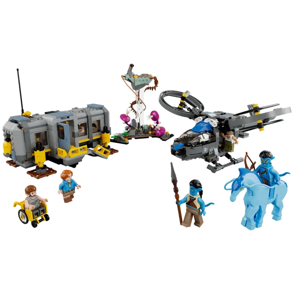 LEGO Avatar Floating Mountains construction set features detailed vehicles and colorful minifigures on a white background.