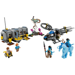 LEGO Avatar Floating Mountains construction set features detailed vehicles and colorful minifigures on a white background.