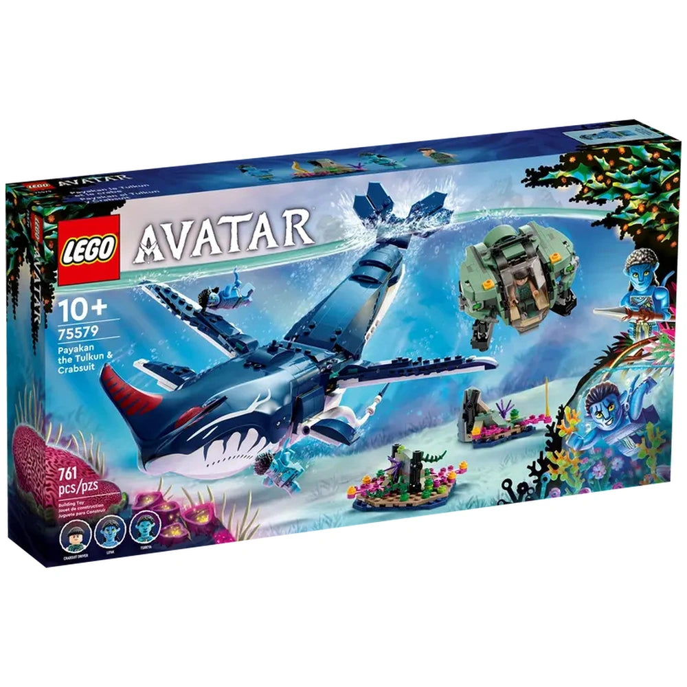 LEGO® Avatar construction set featuring Payakan the Tulkun, Crabsuit, and mini-figures, set against an underwater backdrop.