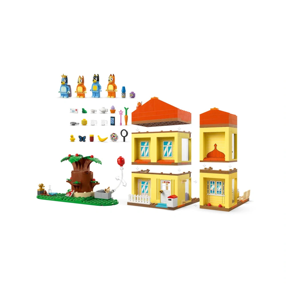 Colorful LEGO Bluey's Family House playset, featuring Bluey, Bingo, Chilli, and Bandit minifigures, modular house sections, tree, and various accessories.