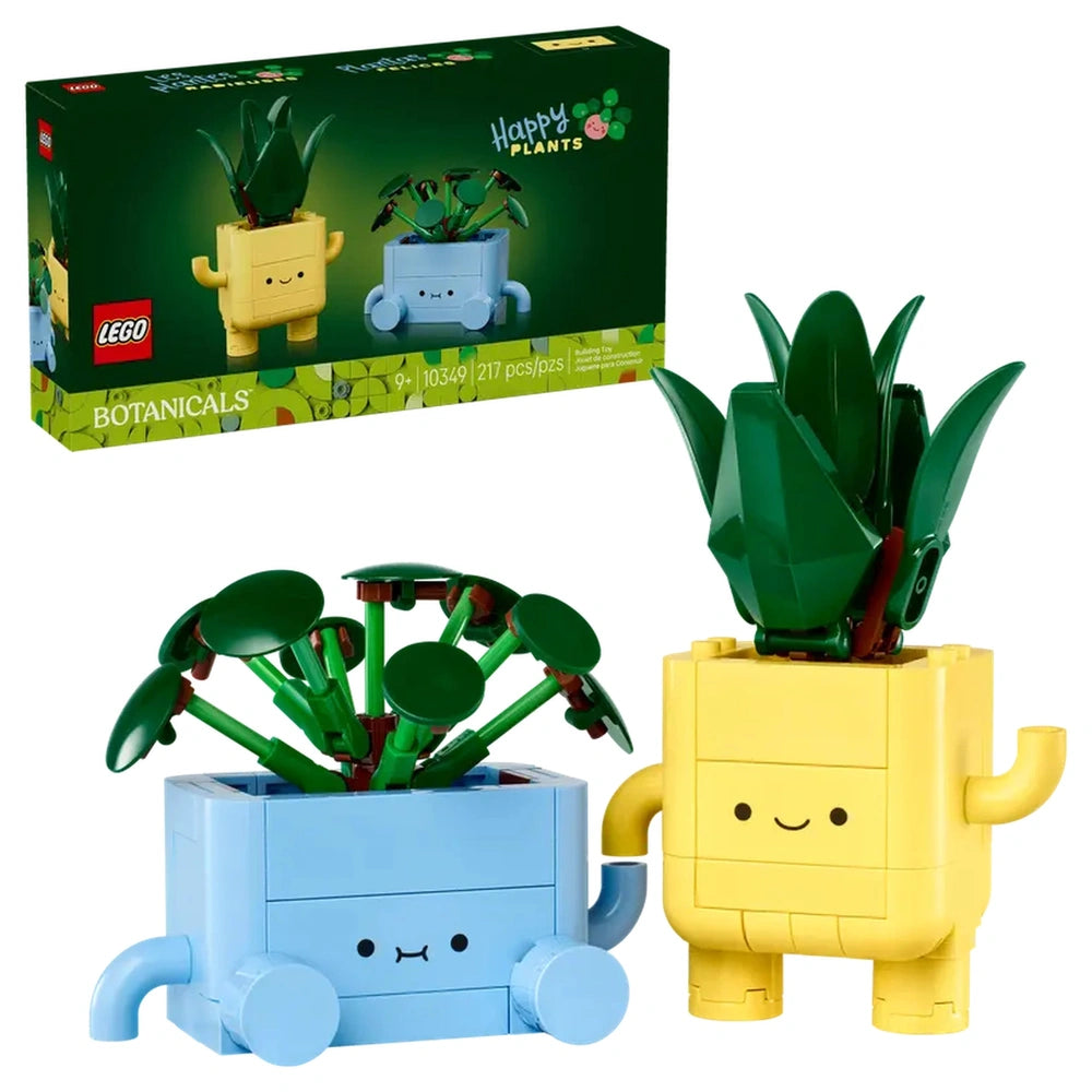 LEGO Botanicals Happy Plants construction set featuring a yellow smiling pot with a tall green plant and a blue pot with a bushy plant.