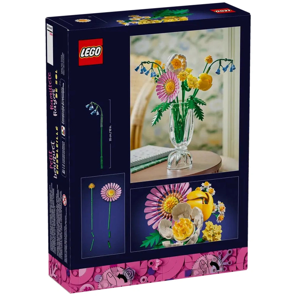 LEGO Botanicals Petite Sunny Bouquet construction set packaging featuring vibrant flowers in a vase, design details, and crafting instructions.