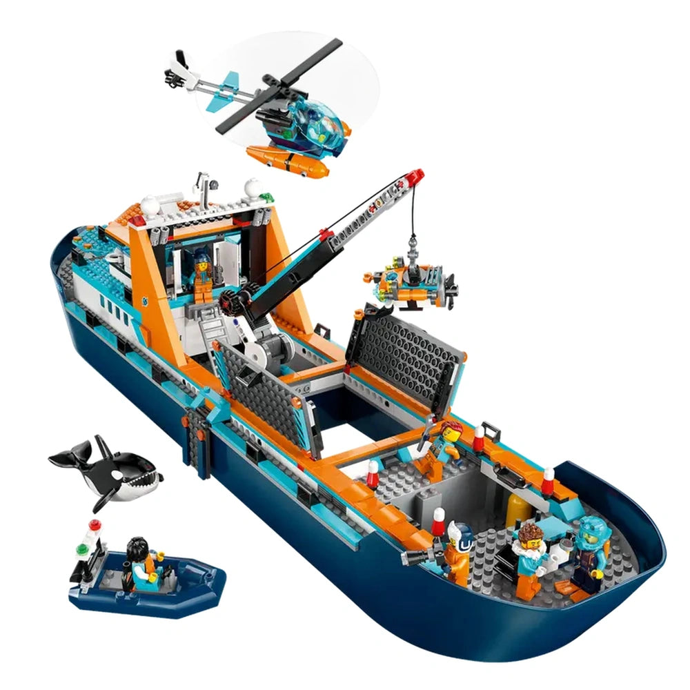 LEGO® City Arctic Explorer Ship playset featuring a vibrant blue boat, a helicopter above, minifigures, and an orca.