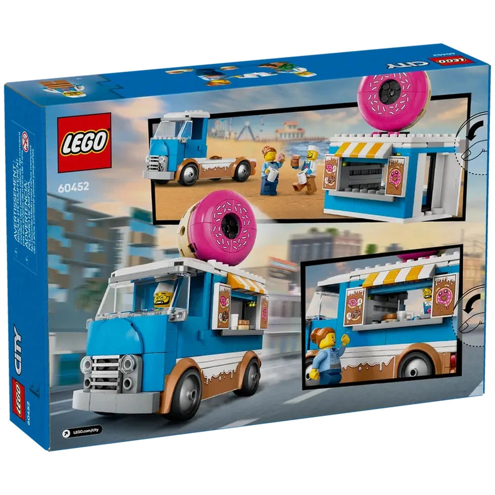 LEGO® City Donut Truck construction set box featuring a blue truck with a large pink donut on top, serving donuts from a colorful stand.