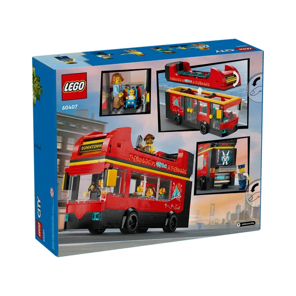 Vibrant red LEGO® City Double-Decker Sightseeing Bus construction set, showcasing various angles, minifigures, and fun city destinations.