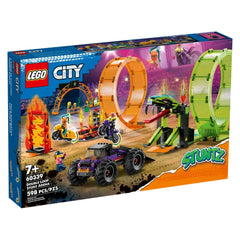 LEGO City Double Loop Stunt Arena box featuring vibrant ramps, bikes, a monster truck, and exciting stunt props.