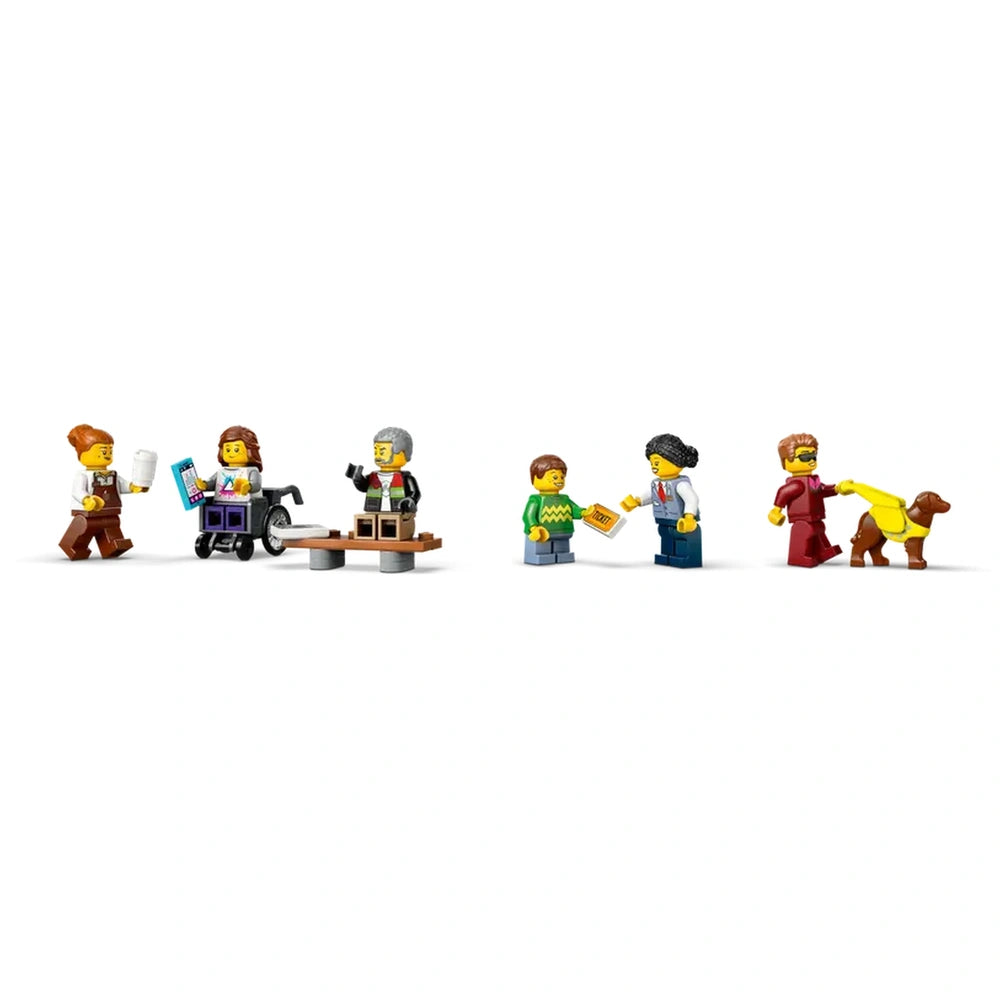 Five LEGO minifigures interact in a vibrant urban setting. A barista serves coffee, while a woman in a wheelchair engages with a seated older man. Two children exchange a piece of paper, and a figure walks a dog on a leash. Each character is detailed, showcasing diverse attire and expressions, enhancing imaginative play in a city scene.