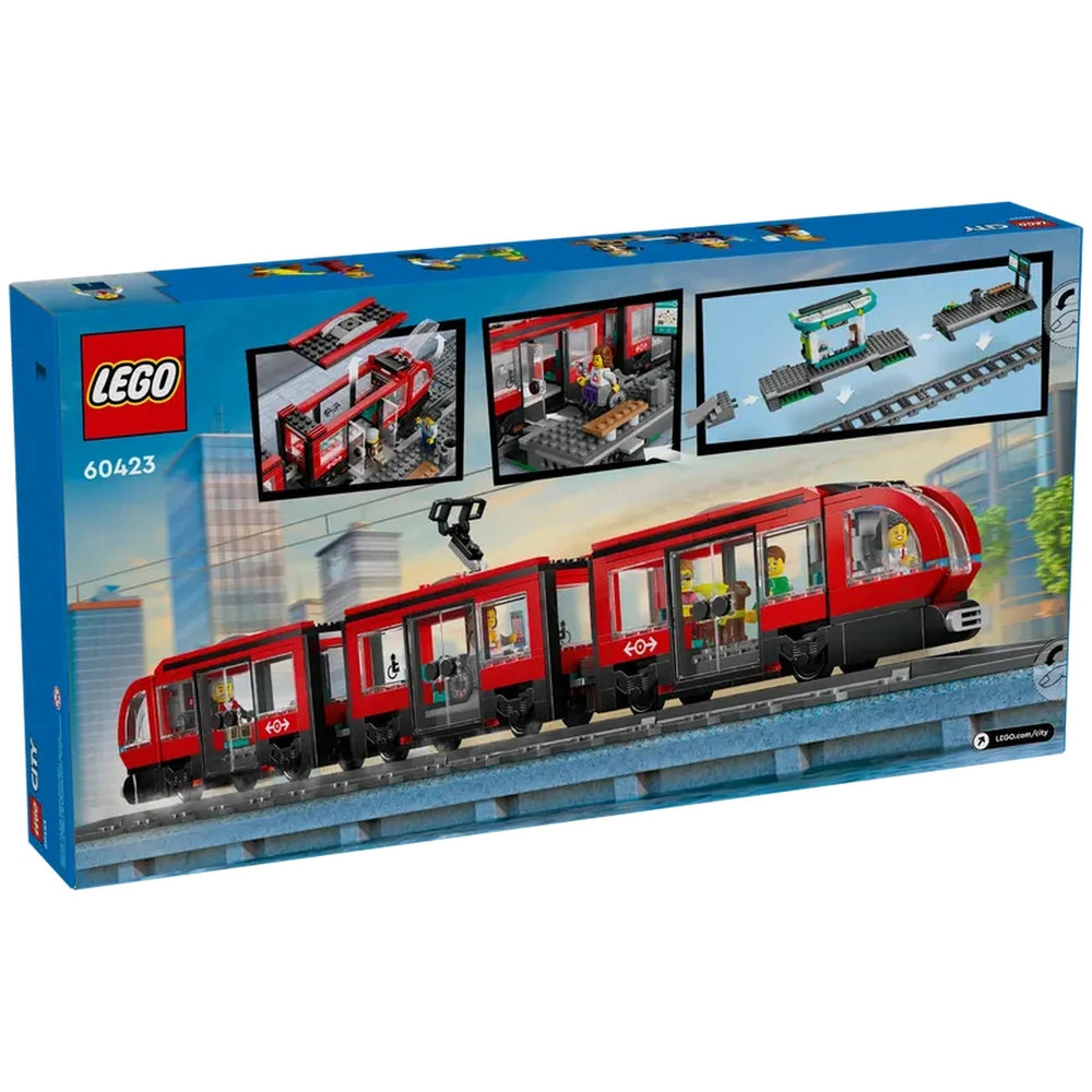 LEGO® City Downtown Streetcar set, featuring a red streetcar with multiple cars, driver’s cabs, and detailed minifigure interior, displayed against a city backdrop.