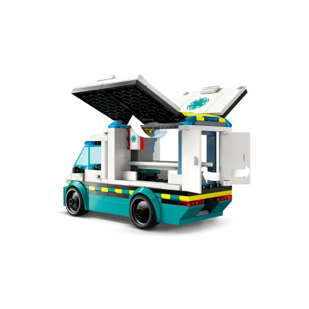 LEGO® City Emergency Ambulance with open rear doors and raised roof, showcasing interior stretcher and medical supplies.
