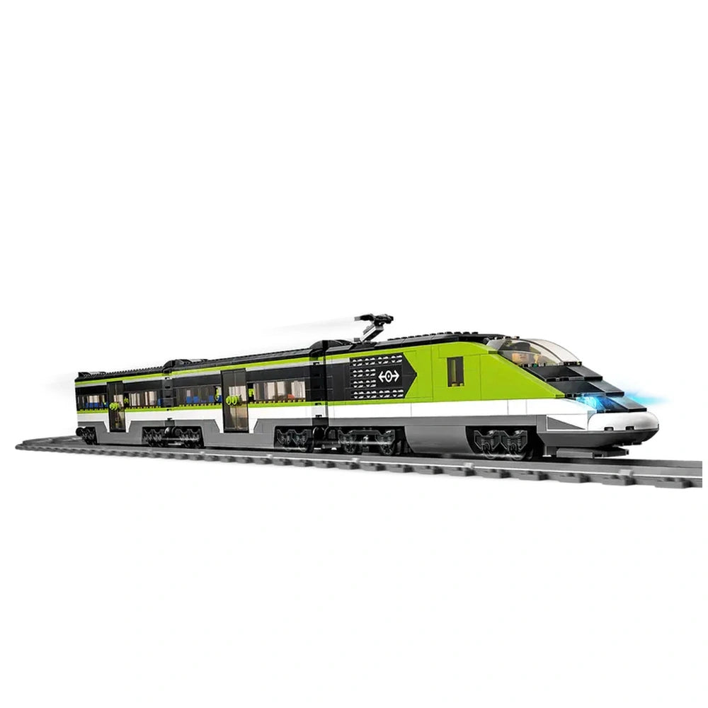LEGO City Express Passenger Train set with a sleek green and black bullet locomotive, featuring dimmable headlights and remote control on a track.