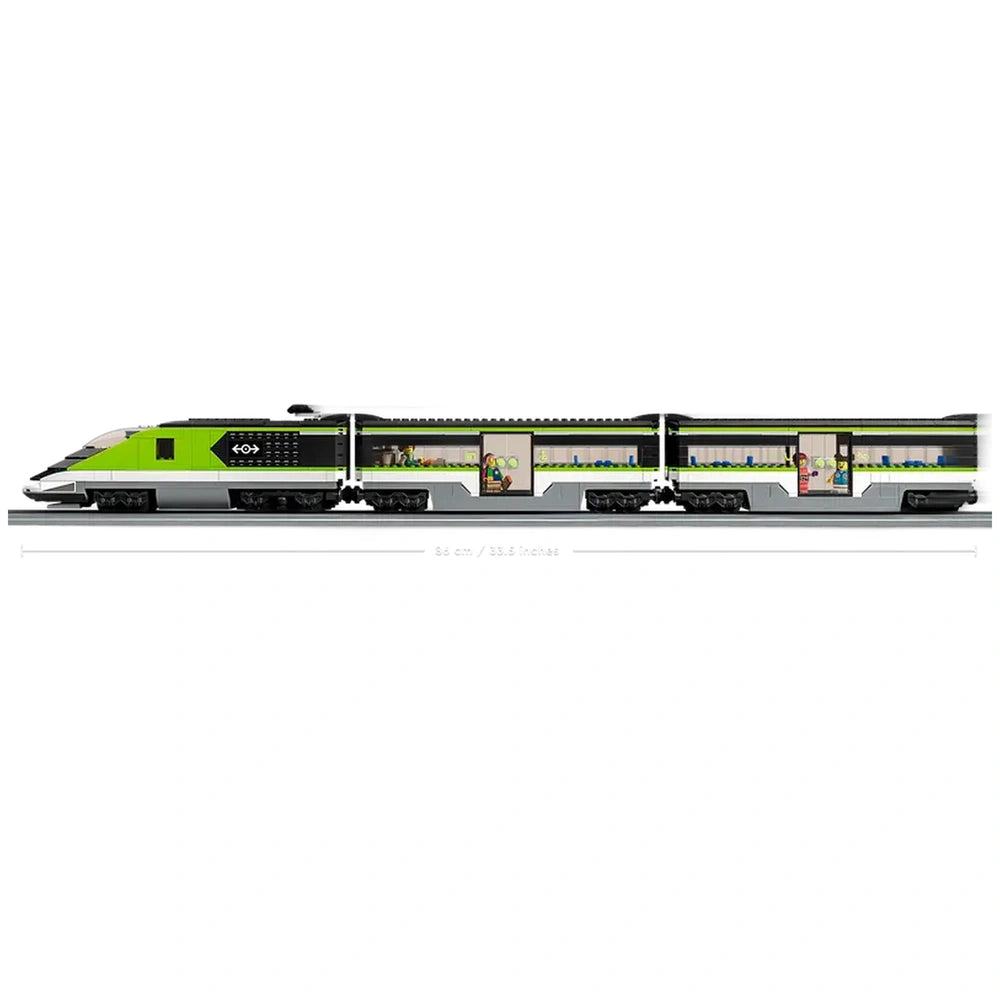 LEGO City Express Passenger Train set showcasing a sleek green and gray bullet locomotive with visible passenger and bistro cars, featuring colorful interior details.