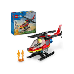 LEGO City Fire Rescue Helicopter set featuring a vibrant red helicopter, a firefighter minifigure, and two water element launchers.