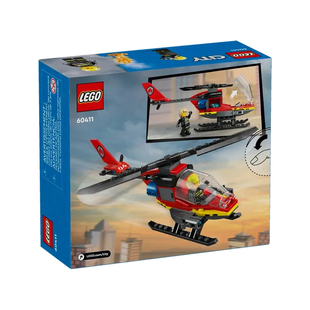 LEGO City Fire Rescue Helicopter construction set box featuring a red helicopter with spinning rotors and firefighter minifigure.