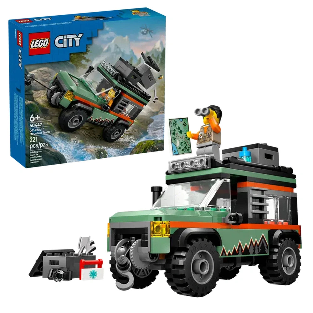 LEGO® City Off-Road Mountain Truck set (60447) showcases a green truck with rugged tires, featuring a minifigure with binoculars and a map on the roof. A winch and roof storage boxes complete the design, perfect for outdoor adventures.