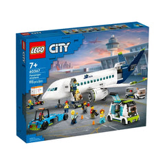 LEGO® City Passenger Airplane set featuring a detailed model airplane at an airport, with multiple minifigures and service vehicles.
