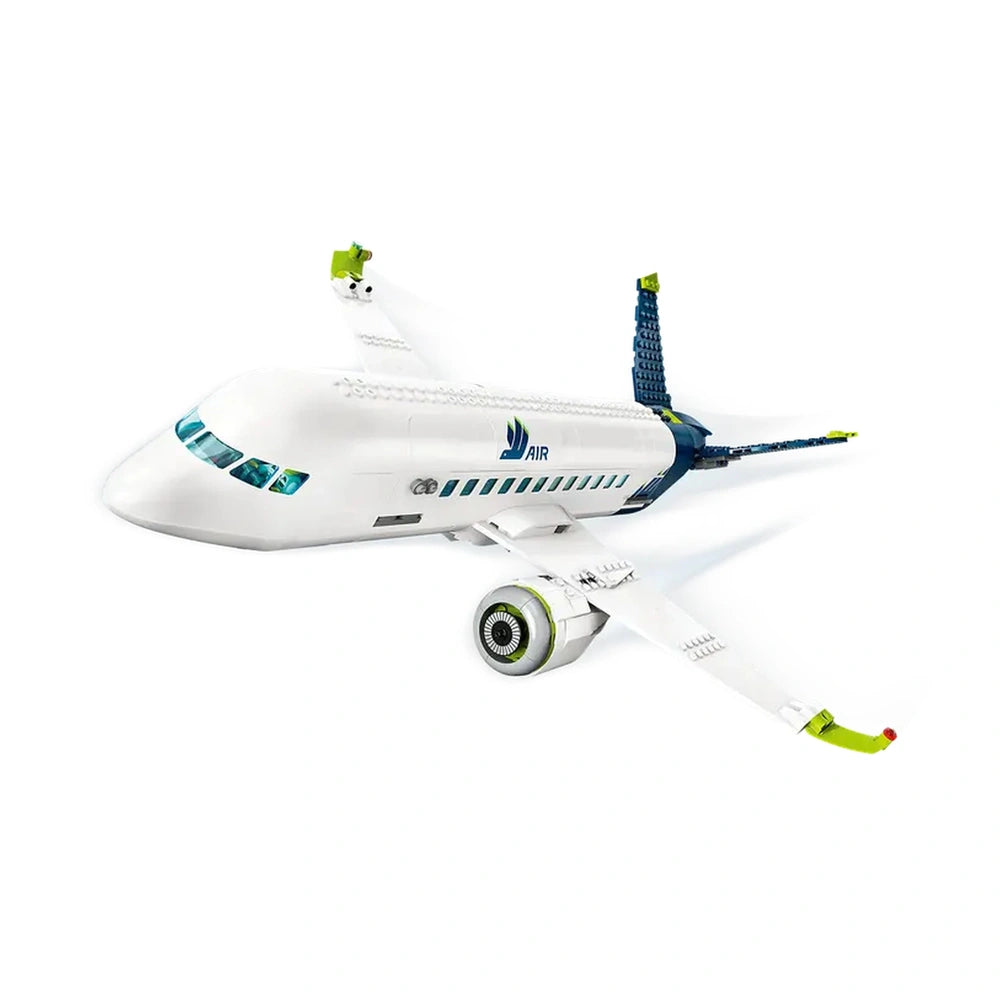LEGO® City Passenger Airplane construction set featuring a sleek white body, detailed cockpit, blue wings, and realistic engines.