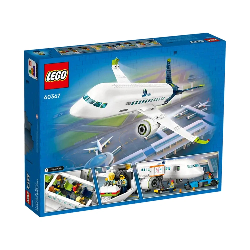 LEGO® City Passenger Airplane construction set box displaying a detailed airplane model with a blue background, showing scenes of minifigures inside and on the ground.
