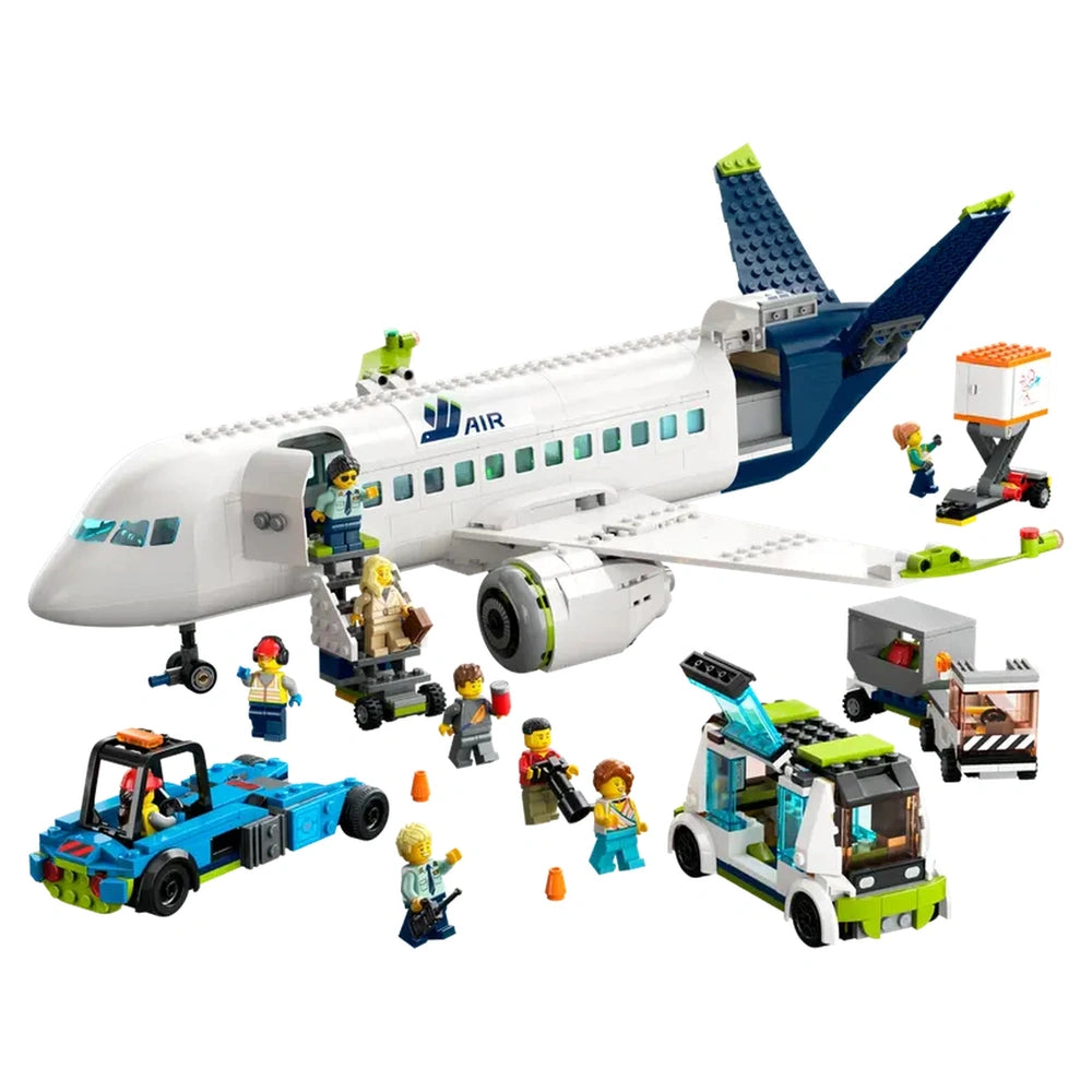 LEGO® City Passenger Airplane construction set featuring a detailed model aircraft, minifigures, and ground service vehicles.