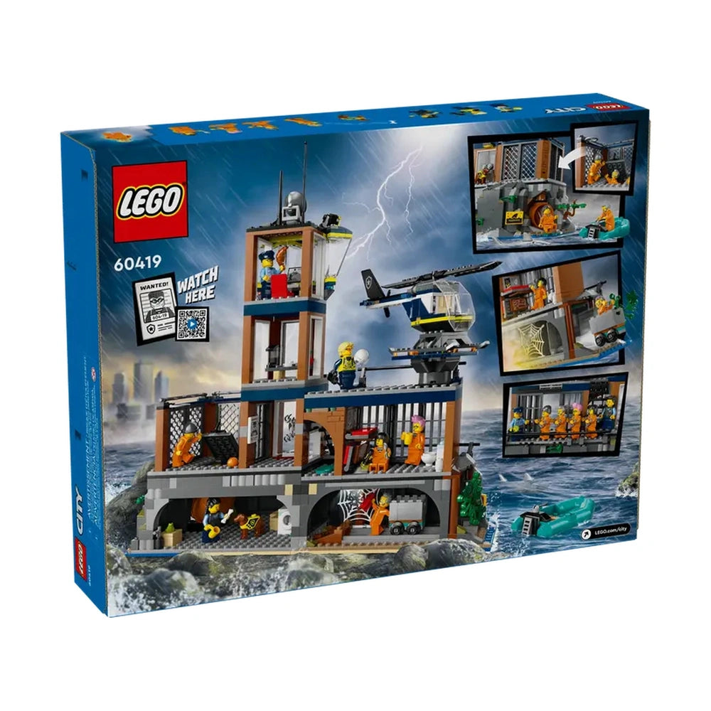 LEGO® City Police Prison Island construction set featuring a multi-level prison with officers, crooks, and a helicopter against a stormy backdrop.