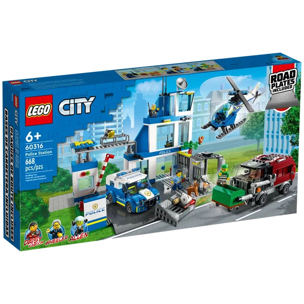LEGO City Police Station set (60316) featuring a detailed 3-level police station, patrol vehicle, helicopter, and five minifigures.