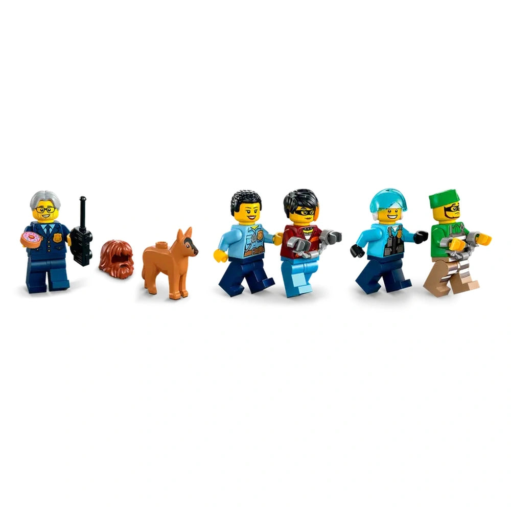 Five LEGO minifigures from the City Police Station set, including a police officer with a donut and radio, a dog, and assorted characters with accessories, smiling and ready for action.