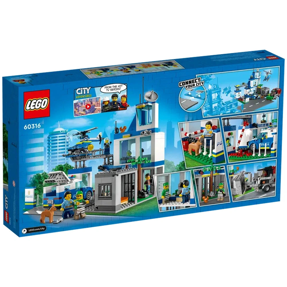 LEGO City Police Station (60316) construction set, showcasing a 3-level police station with vehicles, minifigures, and play features.