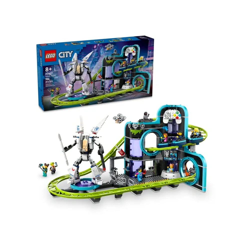 LEGO® City Robot World construction set featuring a vibrant roller-coaster track, an articulated mech suit, and mini-figures engaging in an arcade.