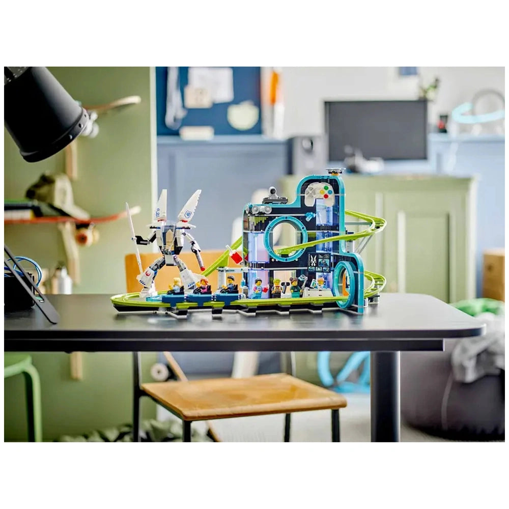 LEGO® City Robot World construction set featuring a vibrant roller-coaster design, intricate details, and an articulated mech suit, displayed on a black table in a well-lit room.