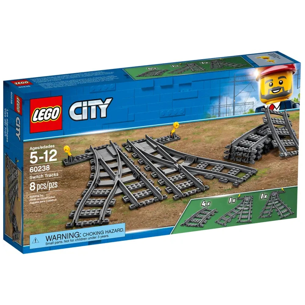 LEGO City Switch Tracks set 60238, featuring curved and switch tracks, displayed on a colorful box. Ideal for ages 5-12.