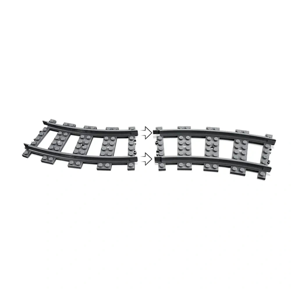 Curved LEGO® train tracks in gray, featuring a right-facing and left-facing switch track. The pieces connect seamlessly to expand existing layouts.