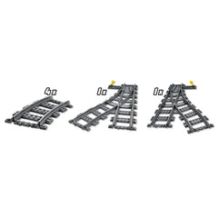 LEGO® City Switch Tracks construction set featuring four curved tracks and two switch tracks, designed for flexible train layouts.