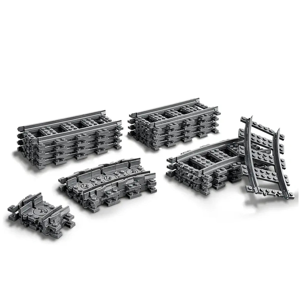 LEGO City Tracks Construction Set featuring various pieces: 8 straight, 4 curved, and 8 flexible tracks in gray, designed for creative train layouts.