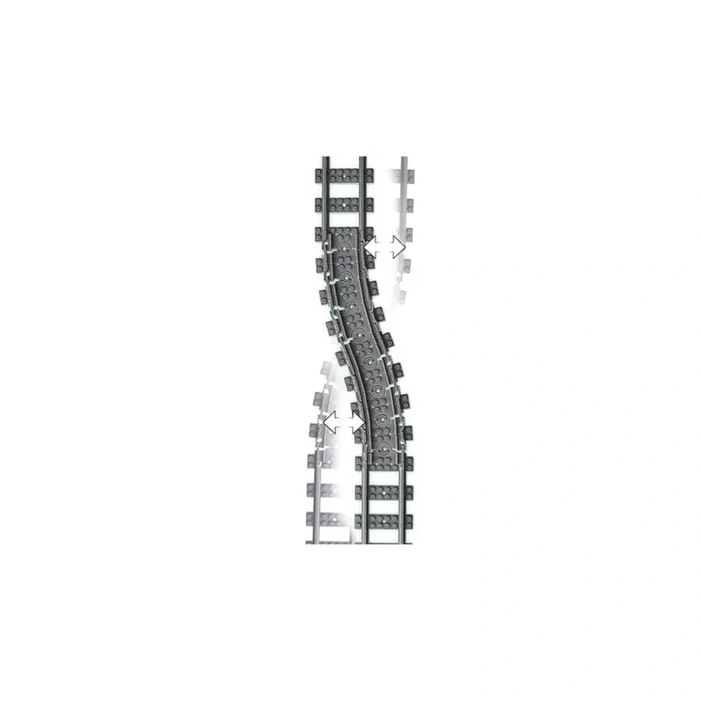 Curved LEGO train tracks arranged in a flexible layout, featuring gray and black colors with connectors for easy assembly.