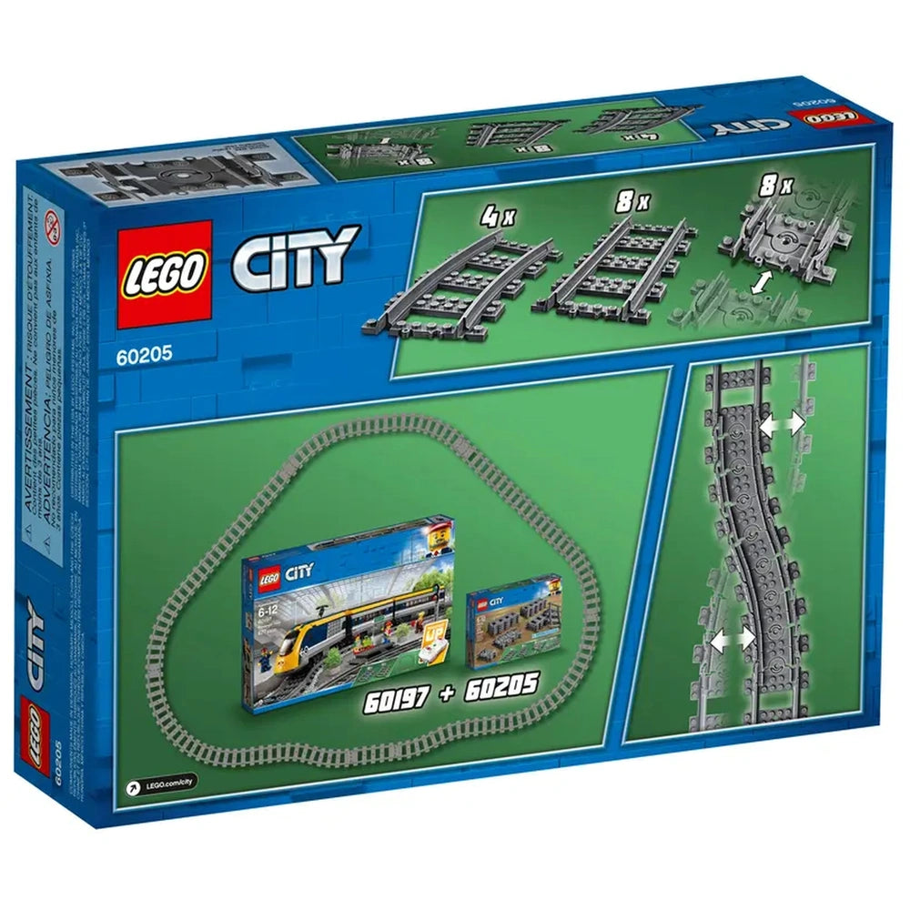LEGO City Tracks Construction Set features a green background with straight, curved, and flexible tracks, showcasing layout options and included sets 60197 and 60205.