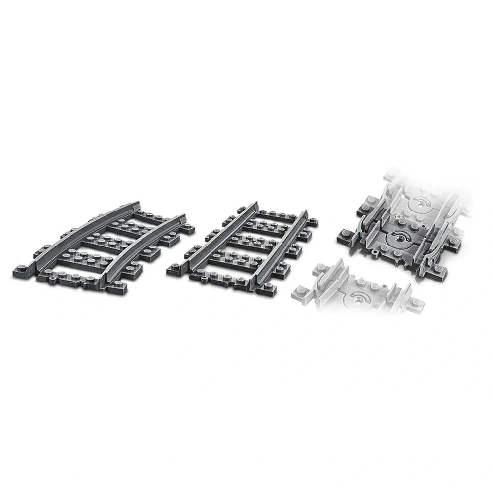 Curved and straight LEGO train tracks in gray, showcasing a variety of flexible pieces for creative layouts in a LEGO City.