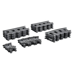 Set of LEGO® train tracks including 8 straight, 4 curved, and 8 flexible pieces, in assorted gray tones, ready for building.