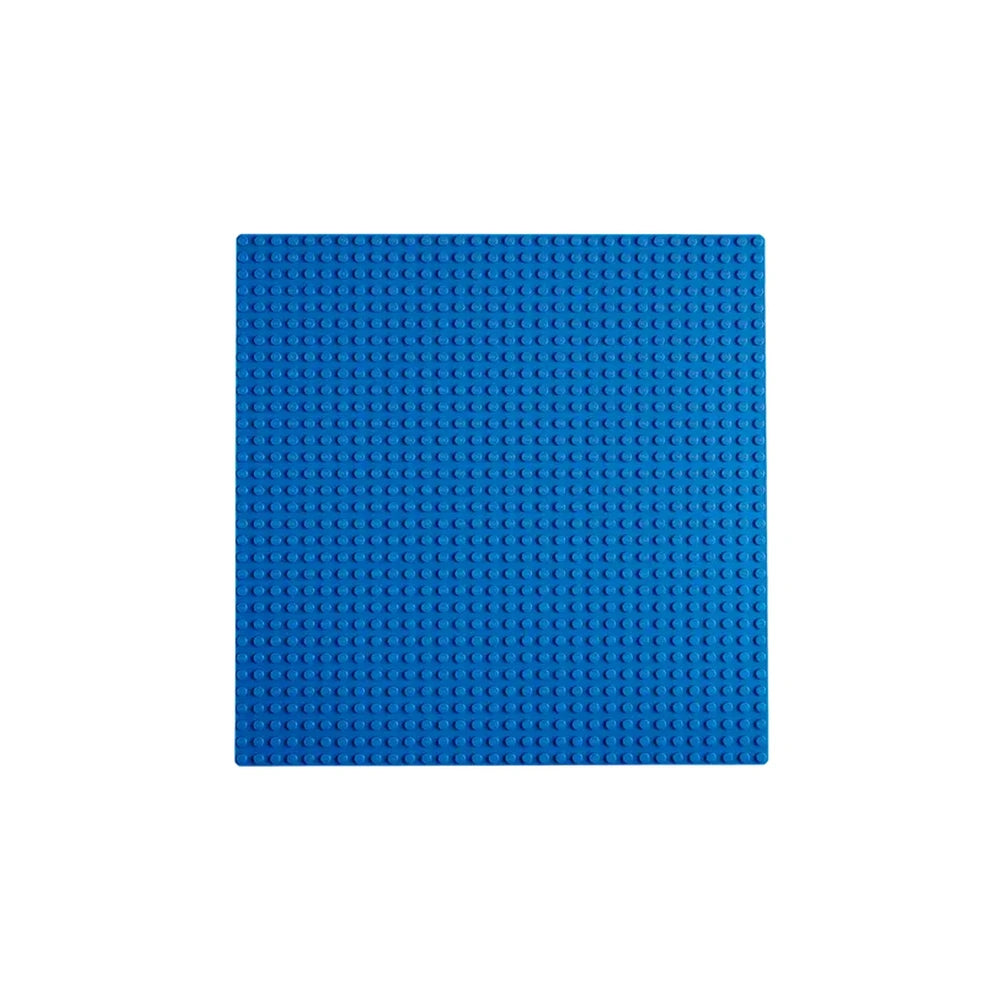 Blue LEGO Classic Baseplate measuring 9.5 inches square, featuring a textured surface with 1,024 aligned studs for creative building.