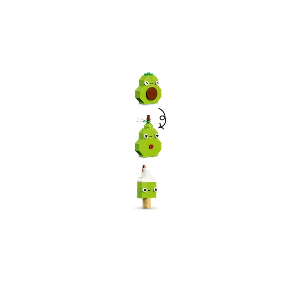 Colorful LEGO® blocks arranged to form charming food characters: a green avocado with an expressive face at the top, a cupcake in the middle, and a popsicle at the bottom. Each character features playful designs, encouraging imaginative play for kids.