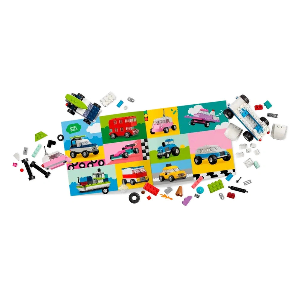 Colorful LEGO® bricks scattered around a vibrant building guide featuring various vehicles, including a police car and ice-cream truck.