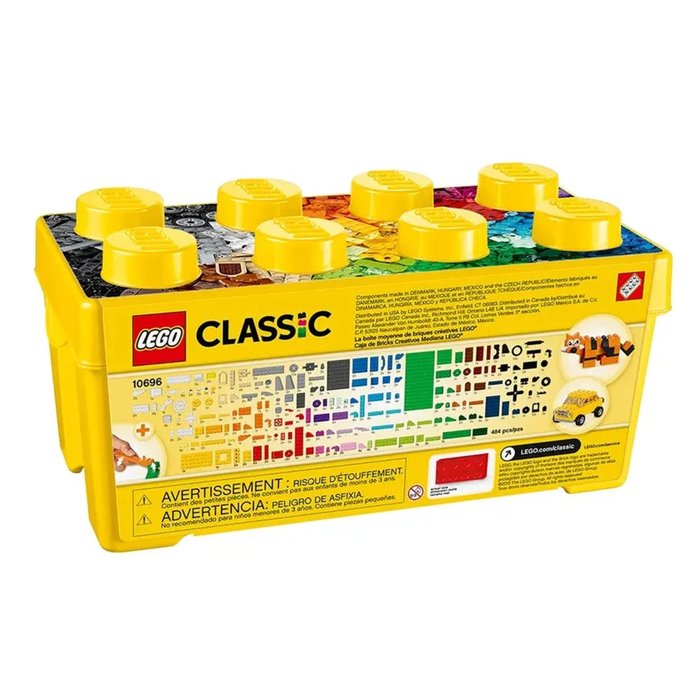 Yellow LEGO Classic storage box featuring colorful bricks on the lid, with a graphic pattern showcasing various LEGO elements for creative building.