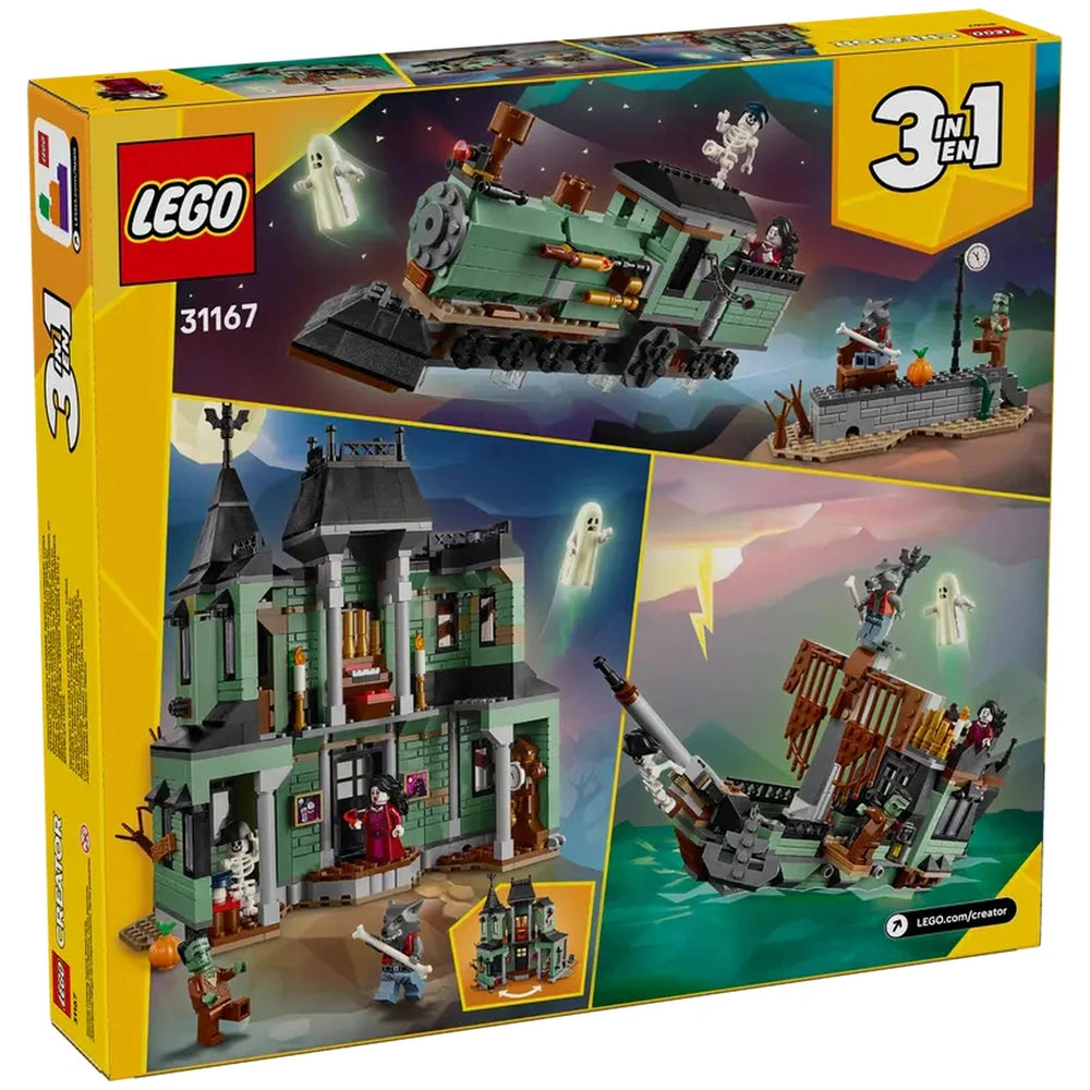 LEGO Creator 3in1 Haunted Mansion construction set showcasing a haunted house, train, and pirate ship with ghosts soaring above.