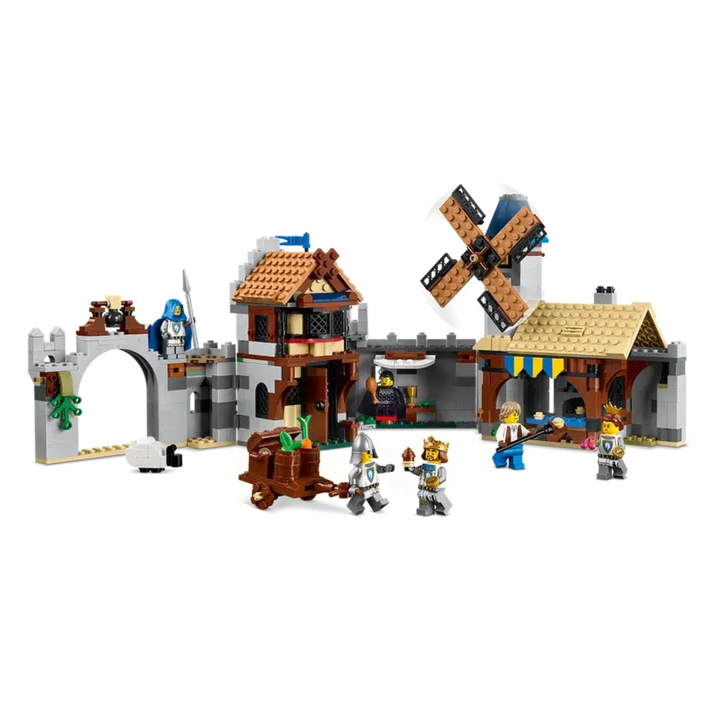 LEGO Creator 3in1 Medieval Horse Knight Castle featuring a detailed castle with a wooden windmill, knights, and various accessories.