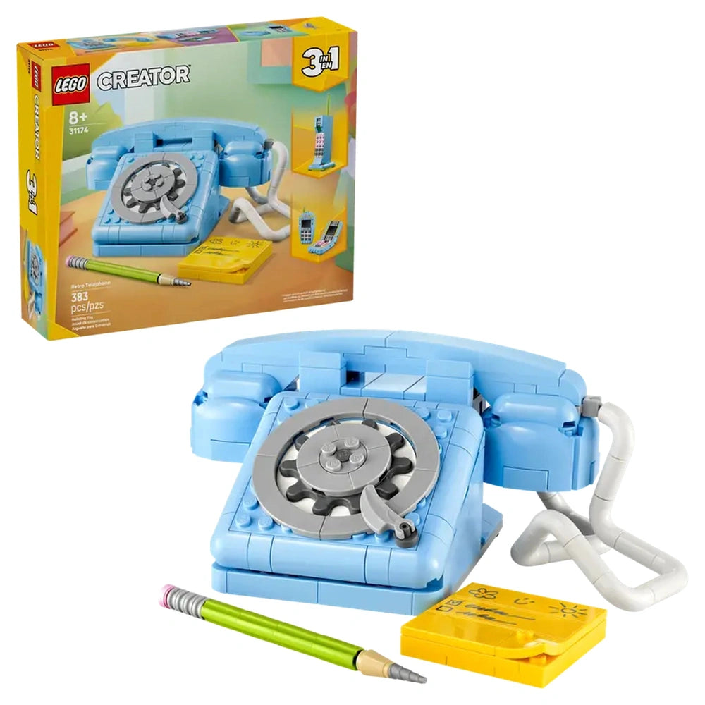 LEGO Creator 3in1 Retro Telephone construction set featuring a light blue phone, functional rotary dial, flexible cord, and colorful notepad with pencil.