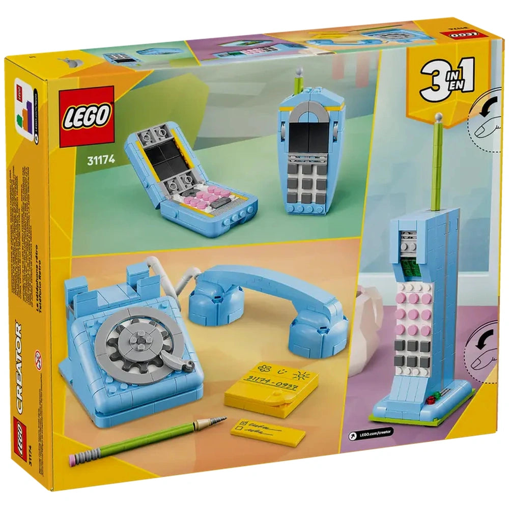 LEGO Creator 3in1 Retro Telephone set showcasing a retro rotary phone, a classic flip phone, and a modern phone, all in pastel blue with fun details and accessories.