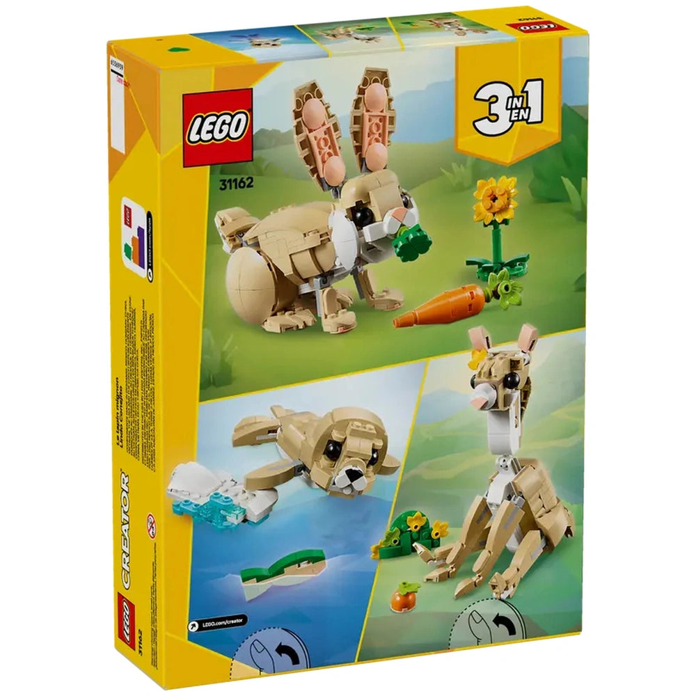 LEGO Creator 3in1 Cute Bunny construction set featuring a posable bunny with a carrot, sunflower, and additional animal builds on a colorful background.