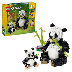 LEGO Creator Panda Family construction set featuring a posable adult panda and a baby cub, both holding bamboo, with vibrant colors and intricate details.