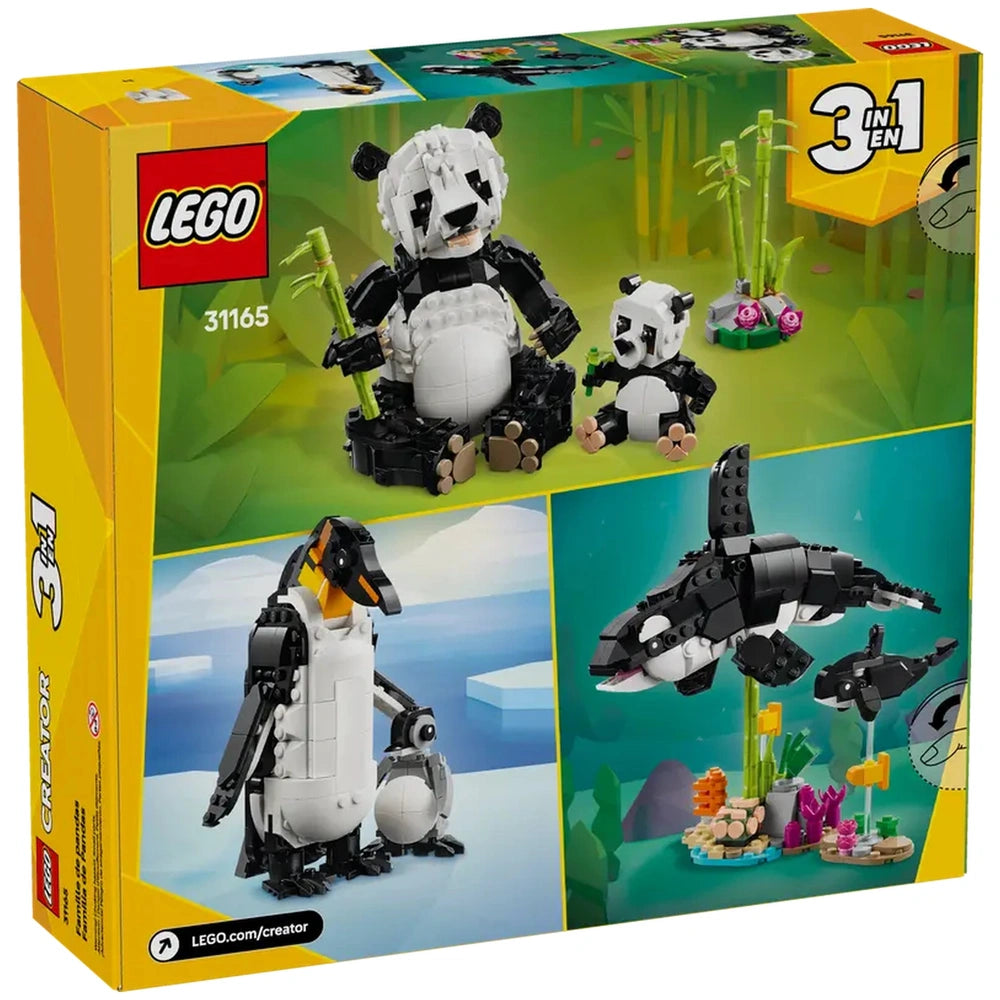 LEGO Creator Panda Family construction set featuring a posable adult panda and baby cub, accompanied by bamboo, with options to build a penguin and orca.