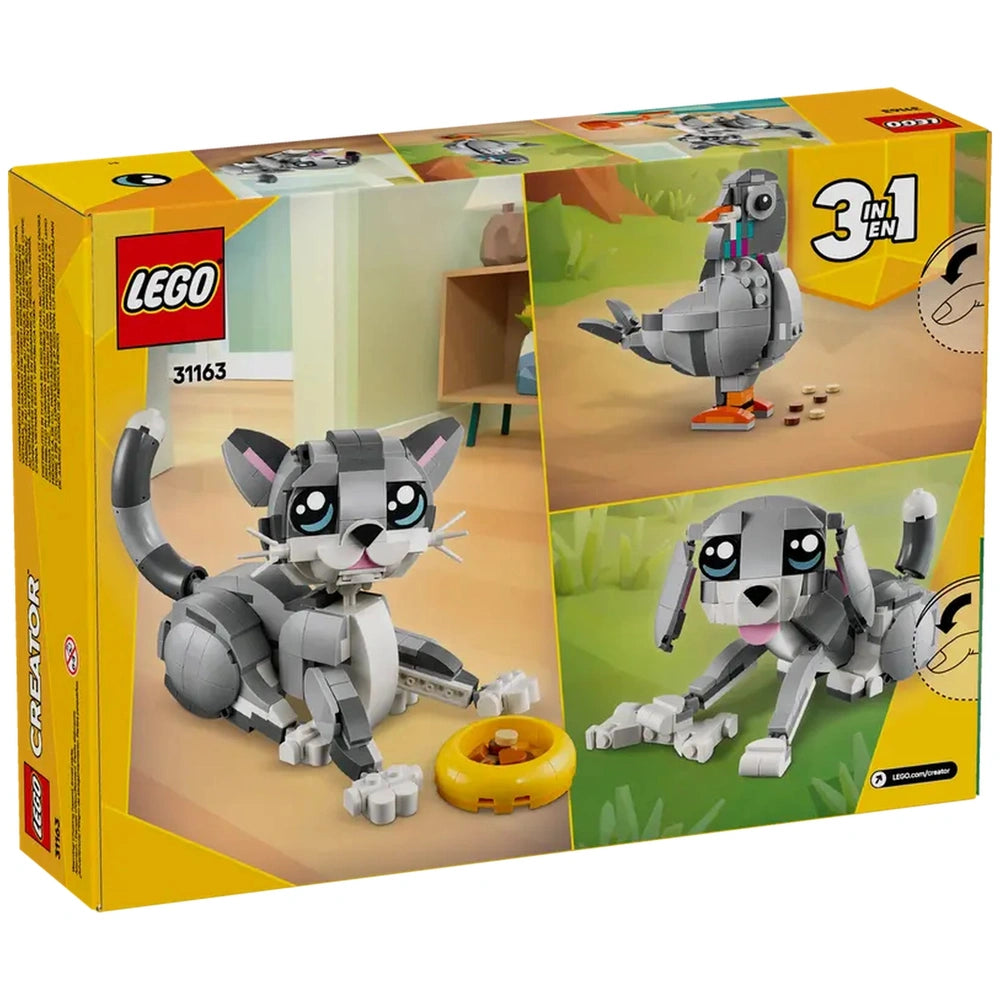LEGO® Creator 3in1 Playful Cat construction set box, featuring a playful gray cat with a food bowl, and images of a bird and dog on the sides.
