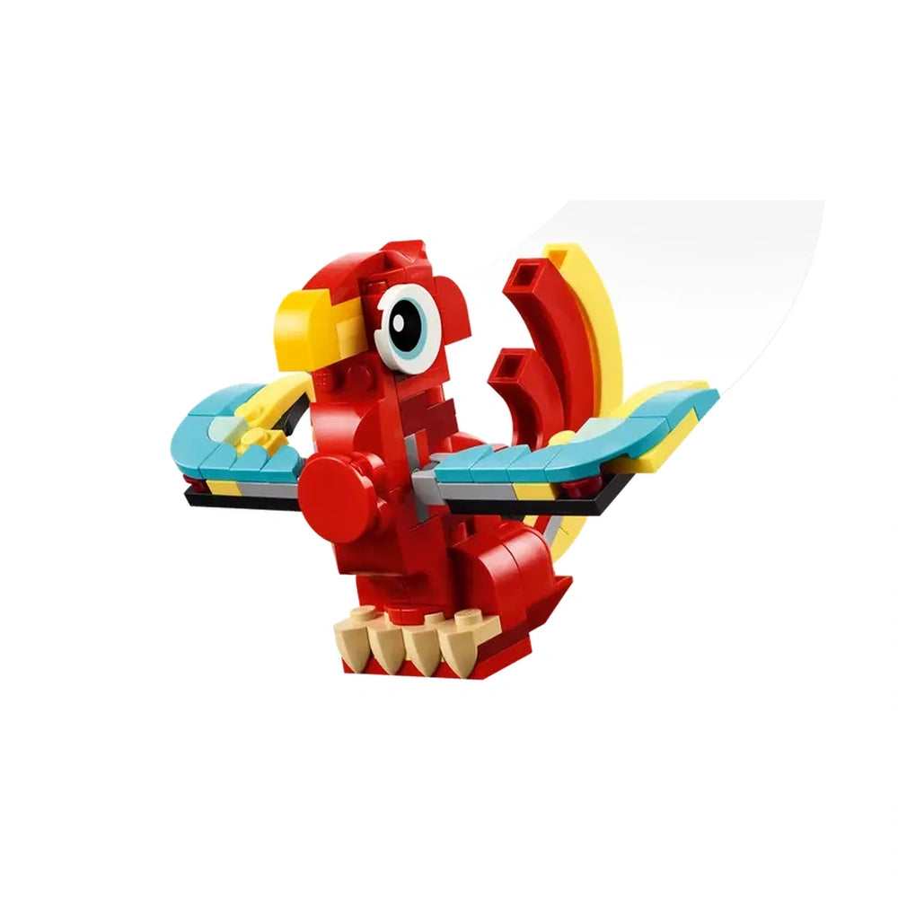Colorful LEGO Creator Red Dragon model with red body, yellow beak, and blue wings, perfect for imaginative play and building fun.